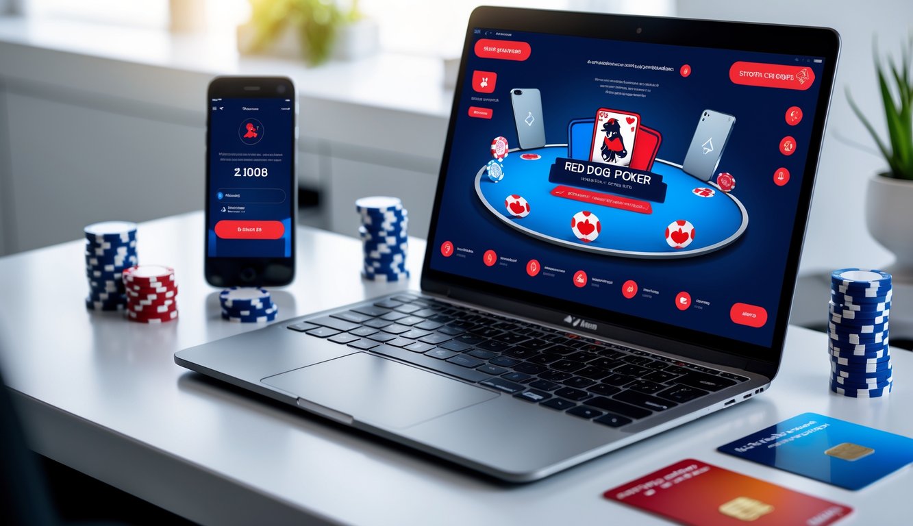 Seorang pengguna sedang bermain poker online Red Dog Poker di laptop dengan ponsel dan kartu kredit di meja, menunjukkan transaksi cepat dan aman.