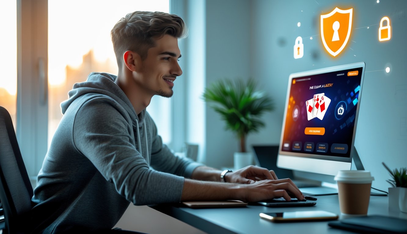 Seorang pria muda duduk di meja dengan laptop yang menampilkan permainan poker online, di ruang kerja yang terang dan rapi.