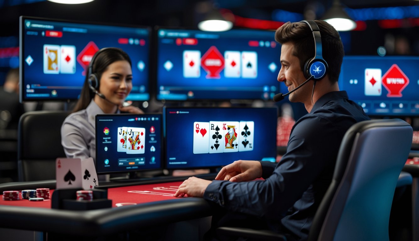 Seorang pemain poker online menggunakan komputer dengan layar menampilkan kartu dan chip, di latar belakang terlihat petugas layanan pelanggan dengan headset siap membantu.