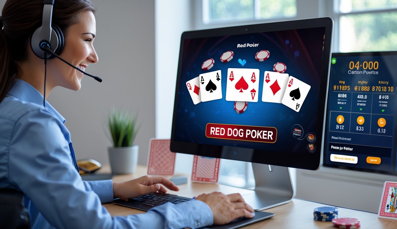 Seorang wanita dengan headset tersenyum di depan laptop yang menampilkan permainan poker online dengan kartu dan chip, di ruang kerja yang terang dan rapi.