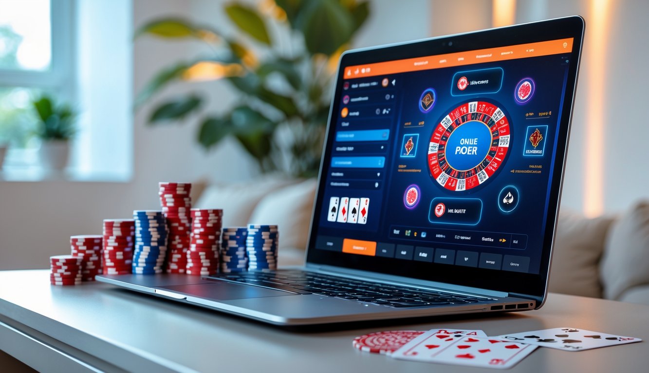 Seseorang bermain poker online di depan komputer dengan chip merah dan kartu di layar komputer.