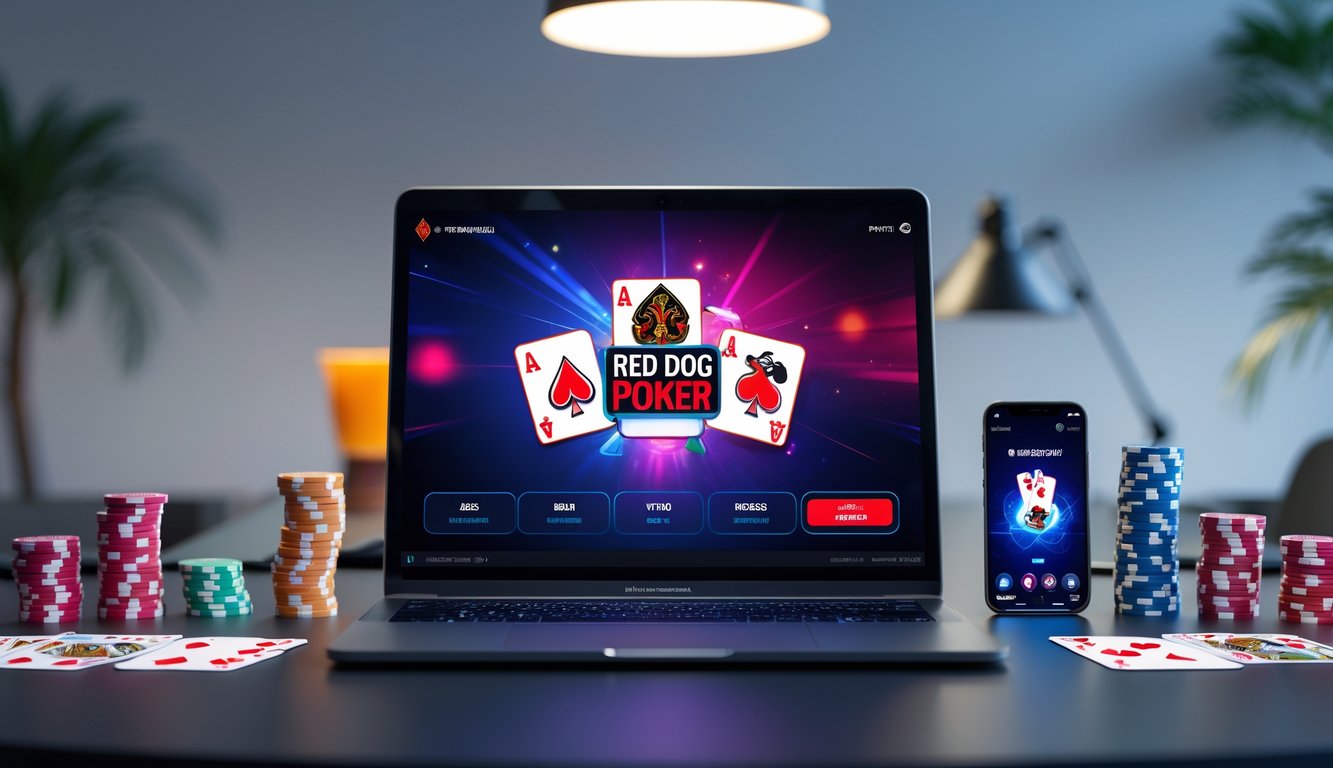 Seorang pemain menggunakan komputer dengan tampilan permainan poker online Red Dog, dikelilingi oleh chip poker dan kartu bermain di meja kerja yang bersih.