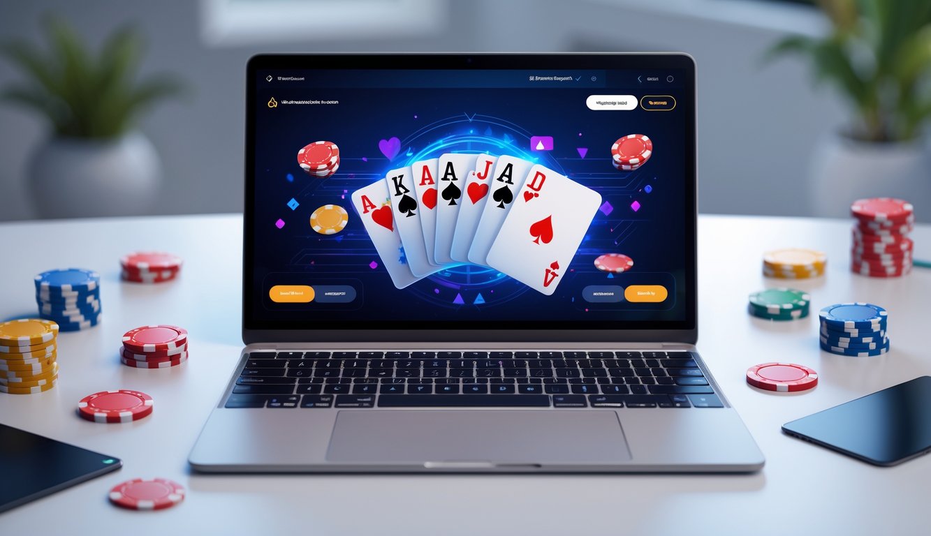 Seseorang sedang bermain poker online di depan laptop dengan kartu poker dan chip di meja.
