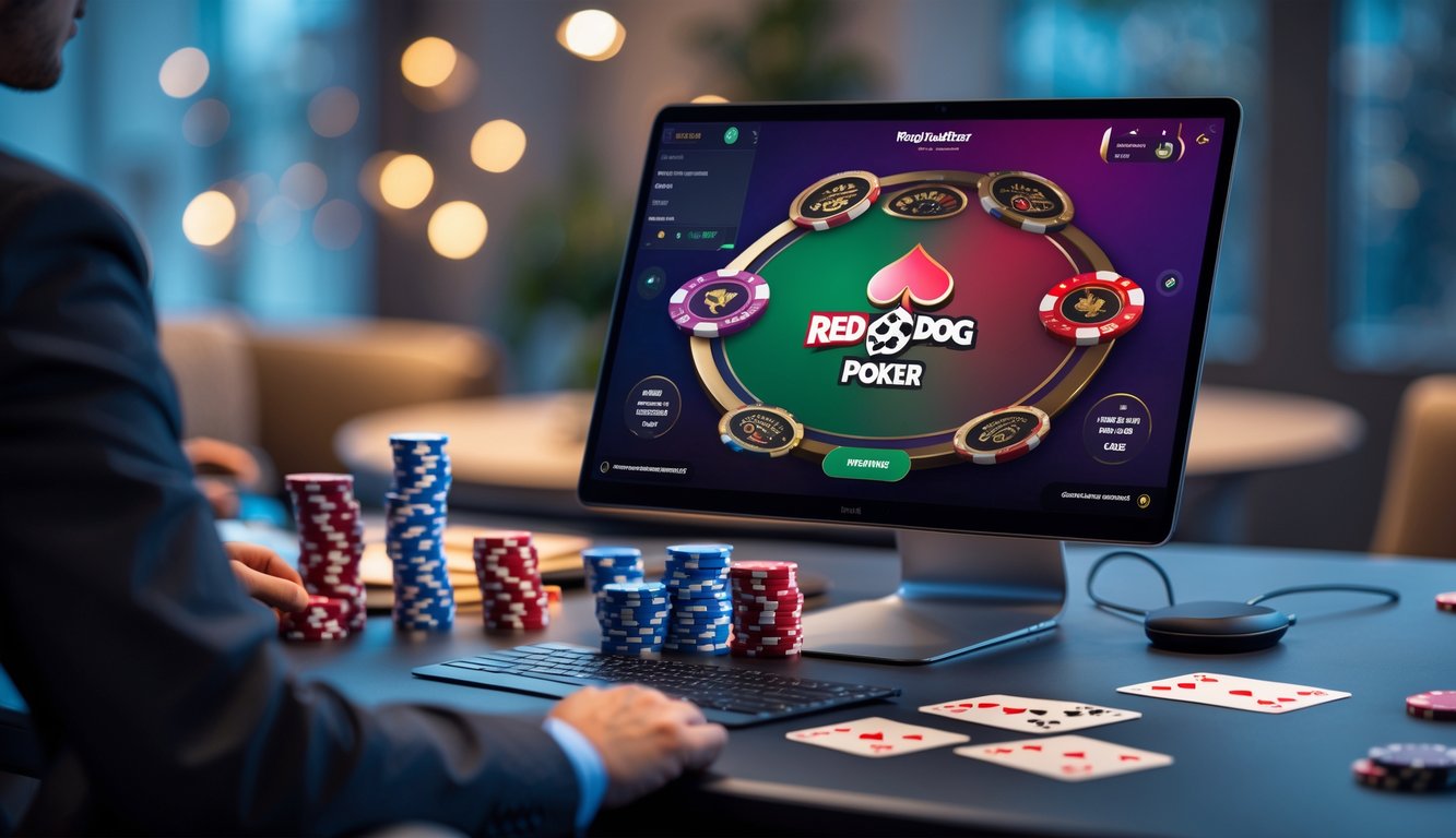 Sebuah meja kerja modern dengan komputer yang menampilkan permainan poker online dan beberapa chip serta kartu remi di sekitarnya.