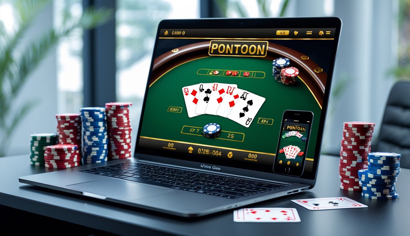 Seorang pemain menggunakan laptop dengan permainan kartu Pontoon online, dikelilingi chip poker dan ponsel yang menampilkan aplikasi kasino.
