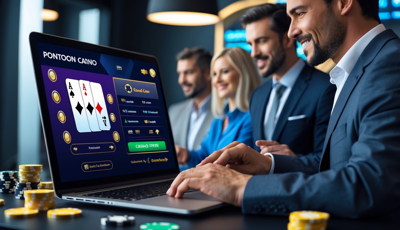 Beberapa orang dewasa sedang menggunakan komputer dengan tampilan permainan kartu Pontoon di layar dalam suasana ruangan modern yang nyaman.