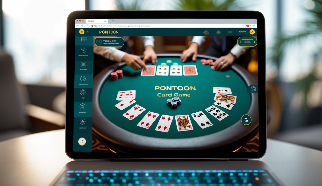 Layar komputer menampilkan permainan kartu Pontoon dengan chip dan kartu yang tersusun rapi dalam suasana kasino online yang profesional.