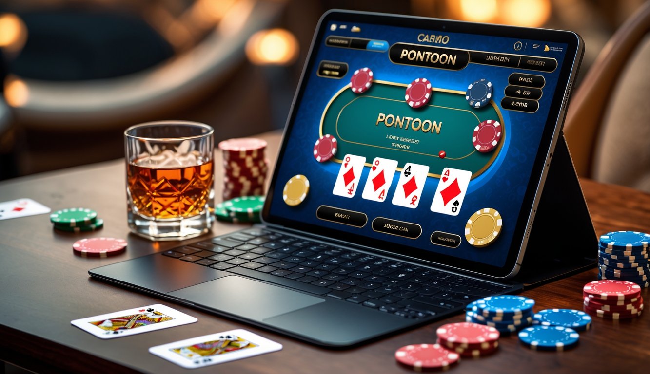 Sebuah meja dengan laptop menampilkan permainan kartu Pontoon online, dikelilingi oleh chip poker dan kartu remi, dengan pencahayaan hangat.