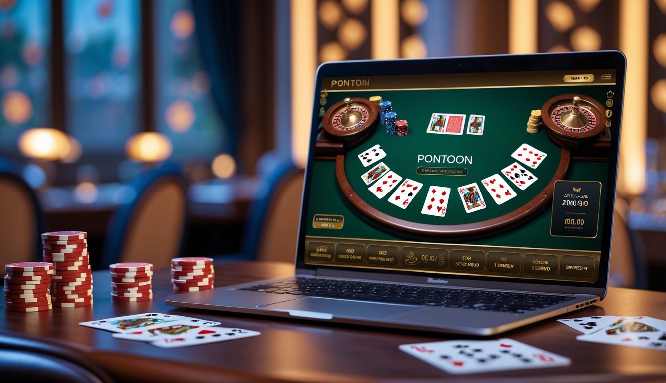 Sebuah layar laptop dan ponsel menampilkan permainan kartu Pontoon dalam suasana kasino online yang elegan dengan chip poker dan kartu di latar belakang.
