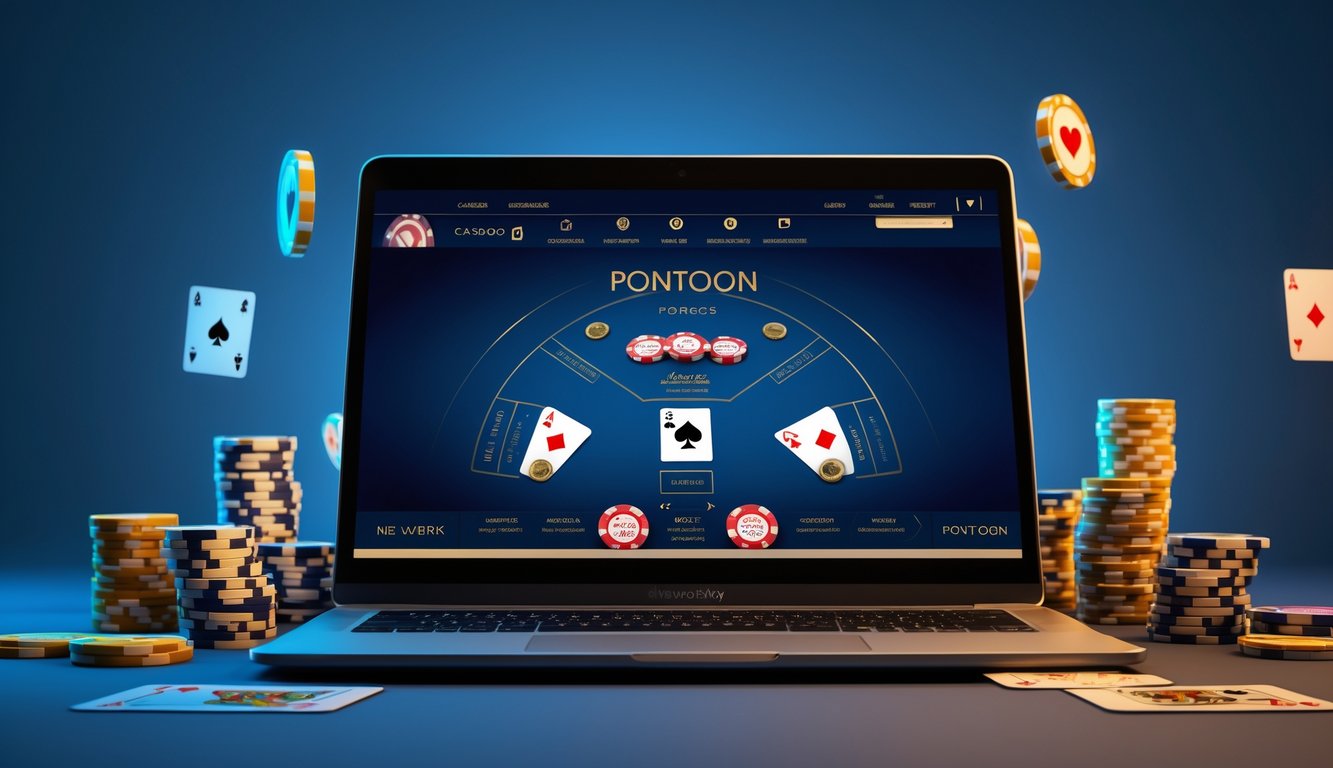 Layar komputer menampilkan permainan Pontoon online dengan kartu dan chip kasino di sekitarnya.