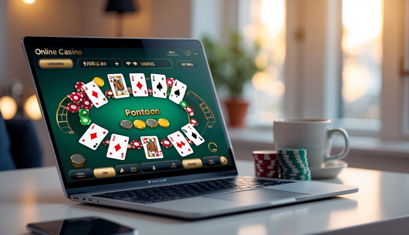 Layar laptop dan ponsel menampilkan permainan kartu Pontoon online di atas meja dengan suasana ruangan yang nyaman.