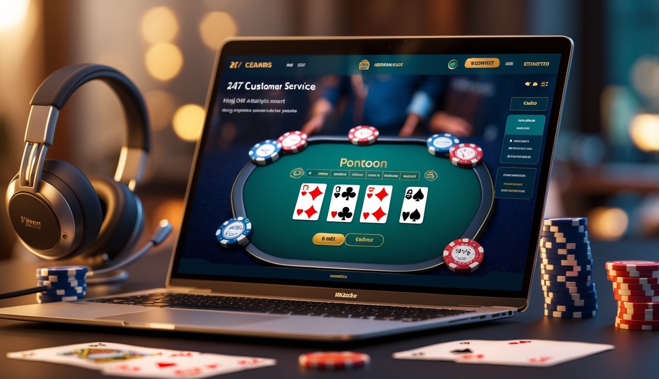 Sebuah layar komputer menampilkan permainan kartu pontoon online dengan chip poker dan headset di sekitarnya.