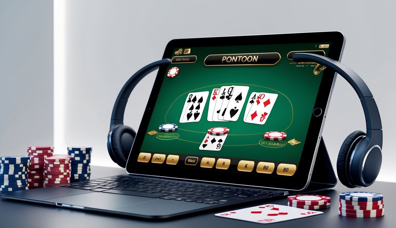 Sebuah layar komputer menampilkan permainan kartu Pontoon dengan chip poker dan headset di meja, menggambarkan layanan kasino online dengan dukungan pelanggan 24 jam.