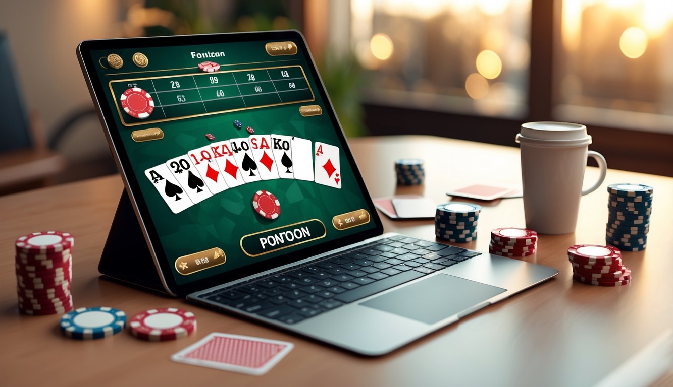Seorang pemain menggunakan laptop dengan permainan kartu Pontoon online di meja kayu, dikelilingi chip poker dan kartu remi.