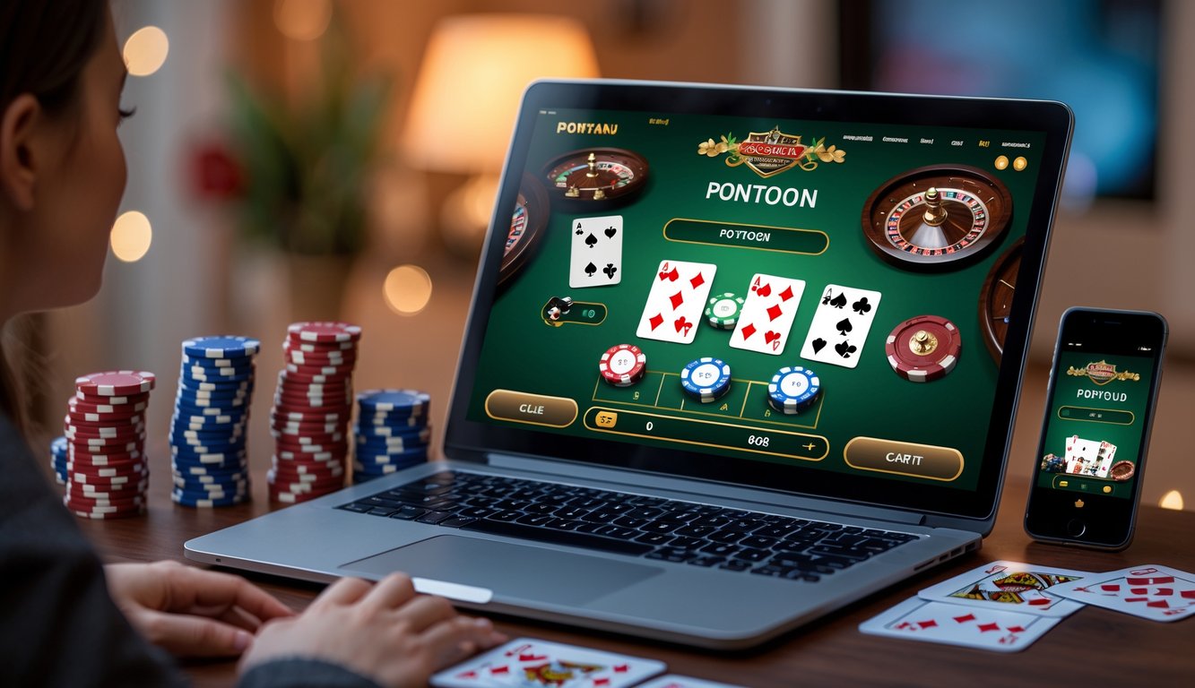 Seorang pemain sedang menggunakan laptop dan ponsel untuk bermain permainan kartu Pontoon online dengan chip dan kartu di meja.