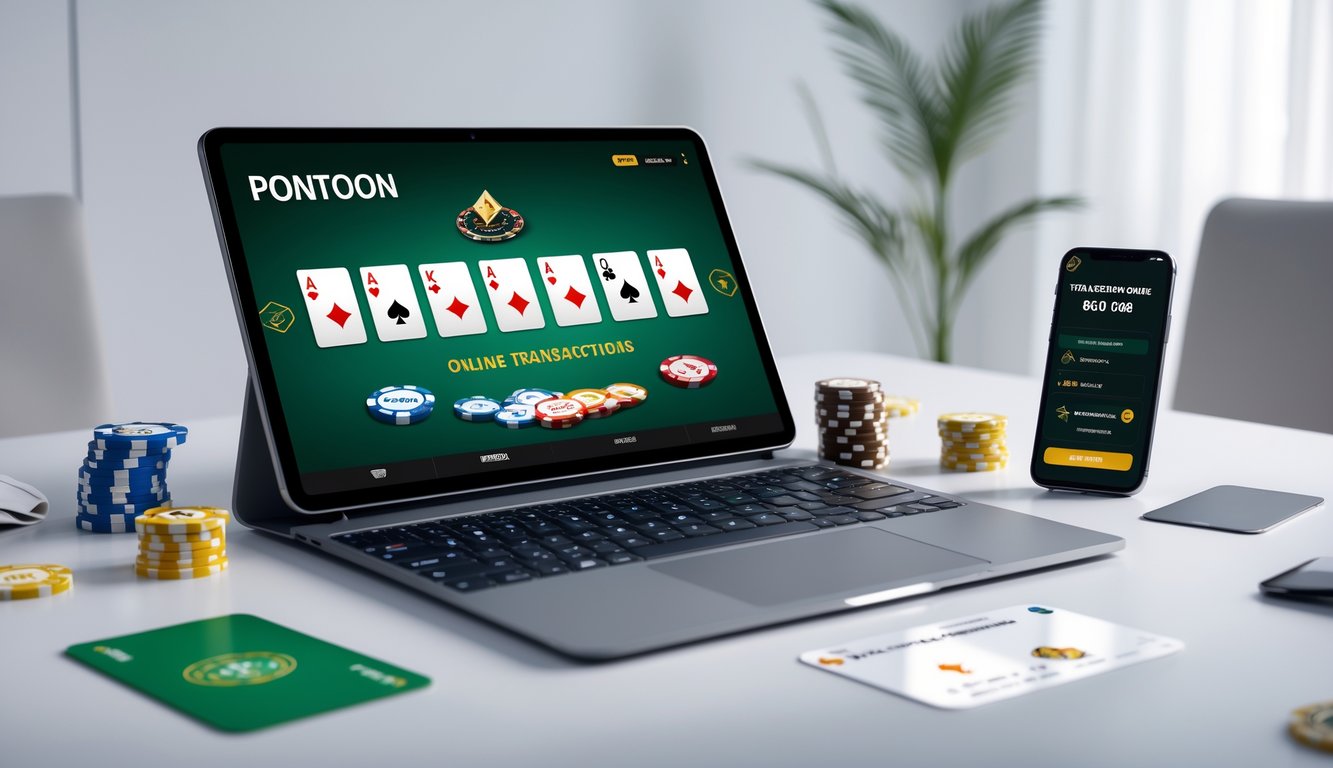 Sebuah perangkat digital menampilkan permainan kartu Pontoon online dengan chip dan ikon pembayaran di sekitarnya.