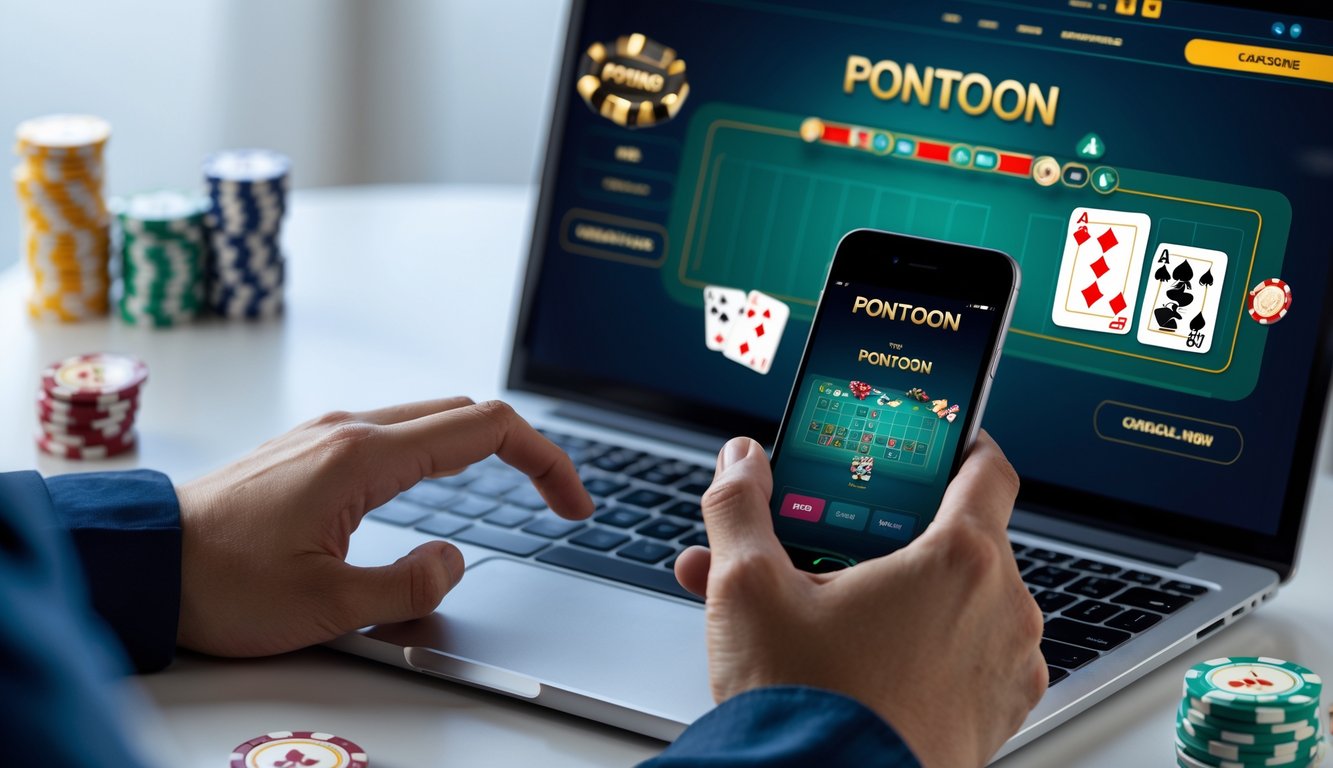 Seseorang menggunakan ponsel dan laptop untuk mengakses permainan kasino Pontoon online resmi.