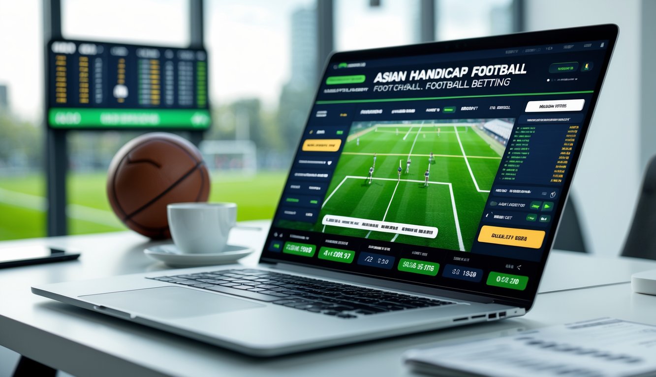 Seorang pria menggunakan laptop dengan tampilan situs taruhan bola online, di meja terdapat bola sepak dan ponsel yang menampilkan pembaruan taruhan.