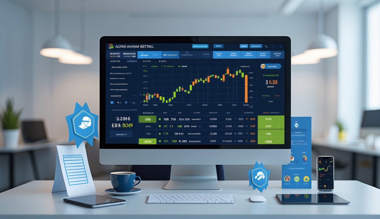 Sebuah ruang kerja modern dengan komputer menampilkan antarmuka taruhan olahraga handicap Asia, dikelilingi oleh elemen yang menunjukkan kepercayaan dan profesionalisme.