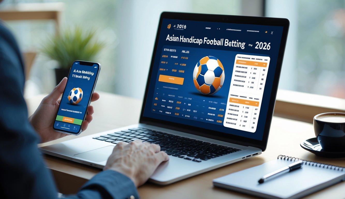 Seorang pria menggunakan laptop di meja kerja dengan tampilan antarmuka taruhan bola handicap Asia di layar, dikelilingi oleh ponsel, buku catatan, dan cangkir kopi.