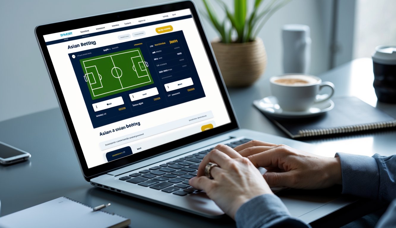 Seseorang menggunakan laptop di meja kerja dengan tampilan situs taruhan bola online di layar.