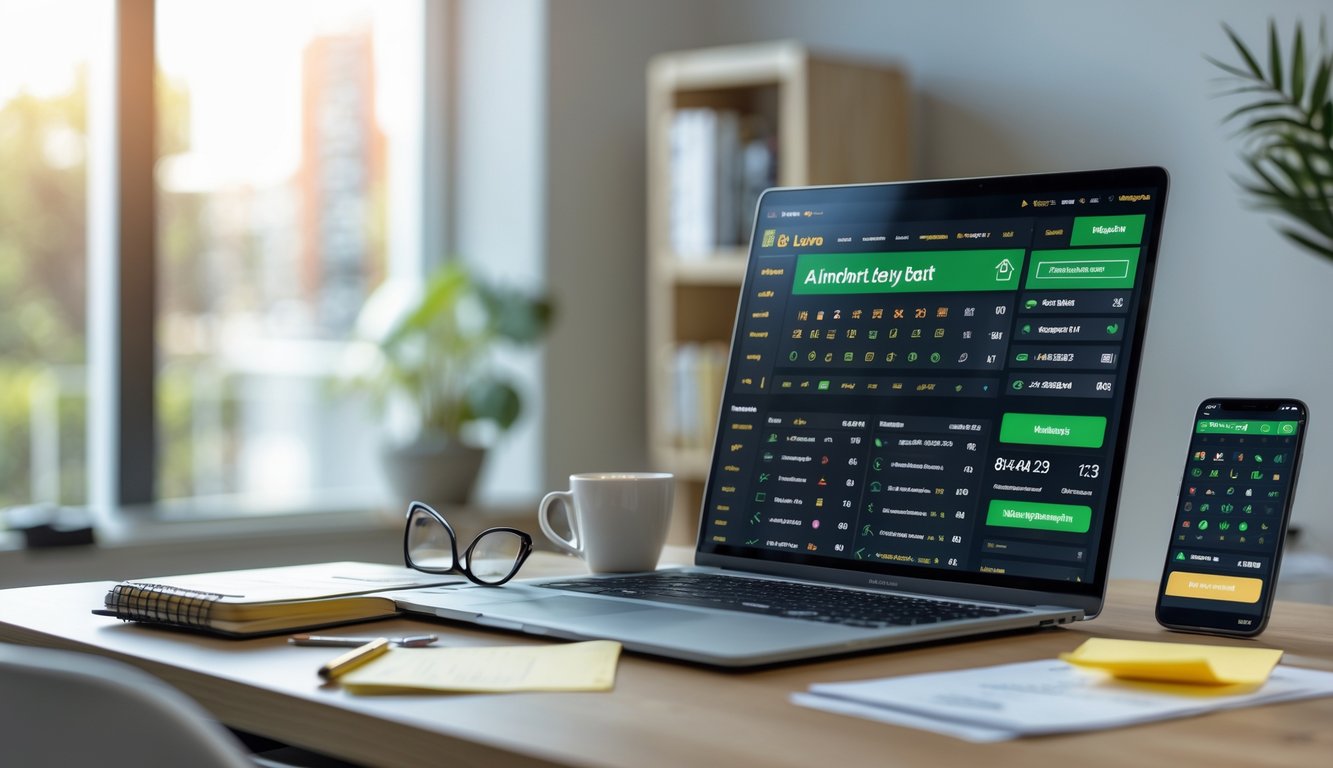 Sebuah meja kerja dengan laptop dan ponsel yang menampilkan situs taruhan bola handicap Asia, dengan kopi dan tanaman kecil di sampingnya.
