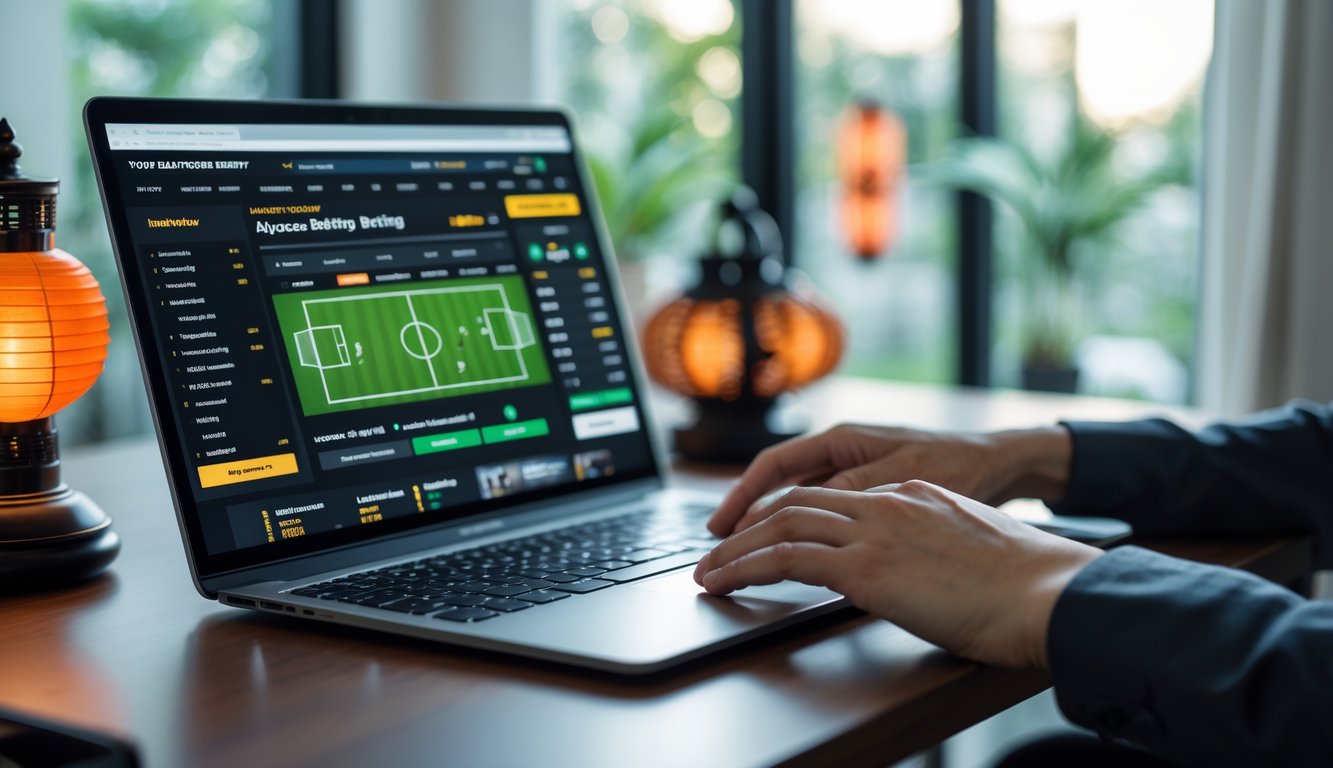 Seseorang menggunakan laptop di meja kerja dengan tampilan situs taruhan sepak bola online, suasana ruang kerja yang nyaman dan terang.