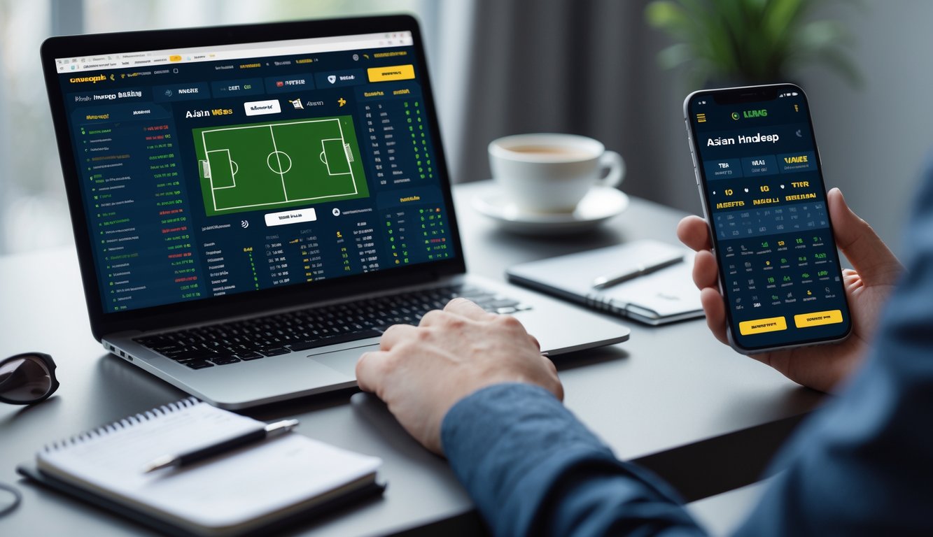 Seseorang menggunakan laptop dan ponsel untuk memasang taruhan bola secara online di meja kerja dengan perlengkapan seperti kopi dan alat tulis.