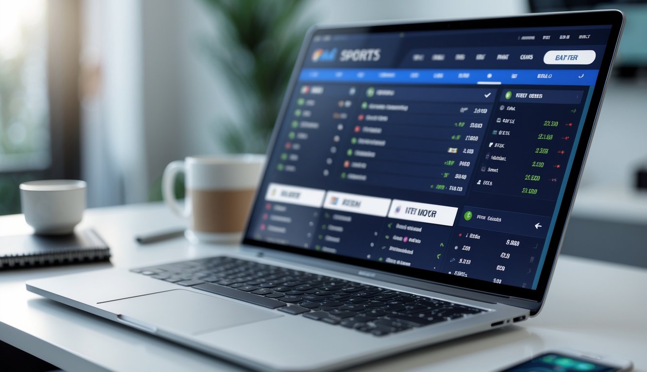 Seorang pengguna sedang melihat layar komputer dengan situs taruhan olahraga online yang menampilkan peluang dan statistik pertandingan.