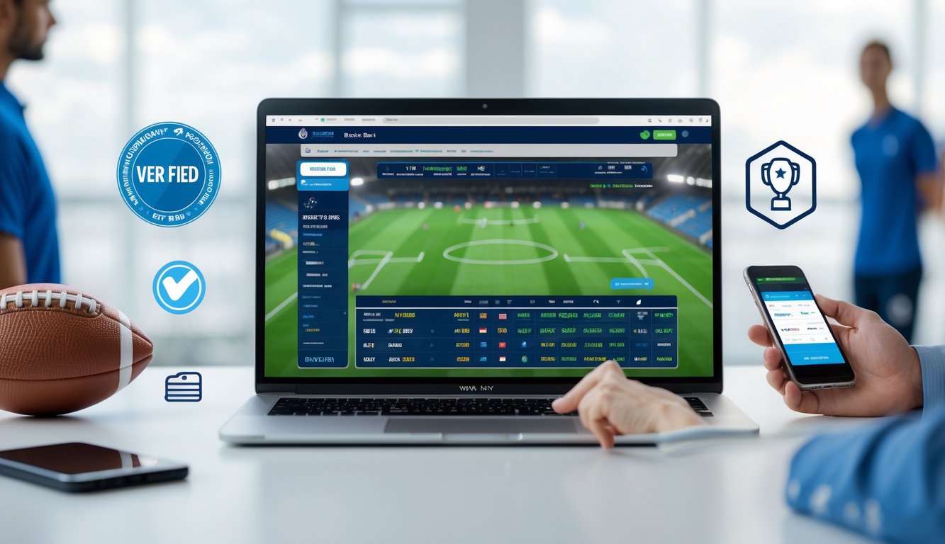 Seorang pria menggunakan laptop dan smartphone untuk memasang taruhan sepak bola secara online dengan latar belakang bola dan perlengkapan sepak bola.