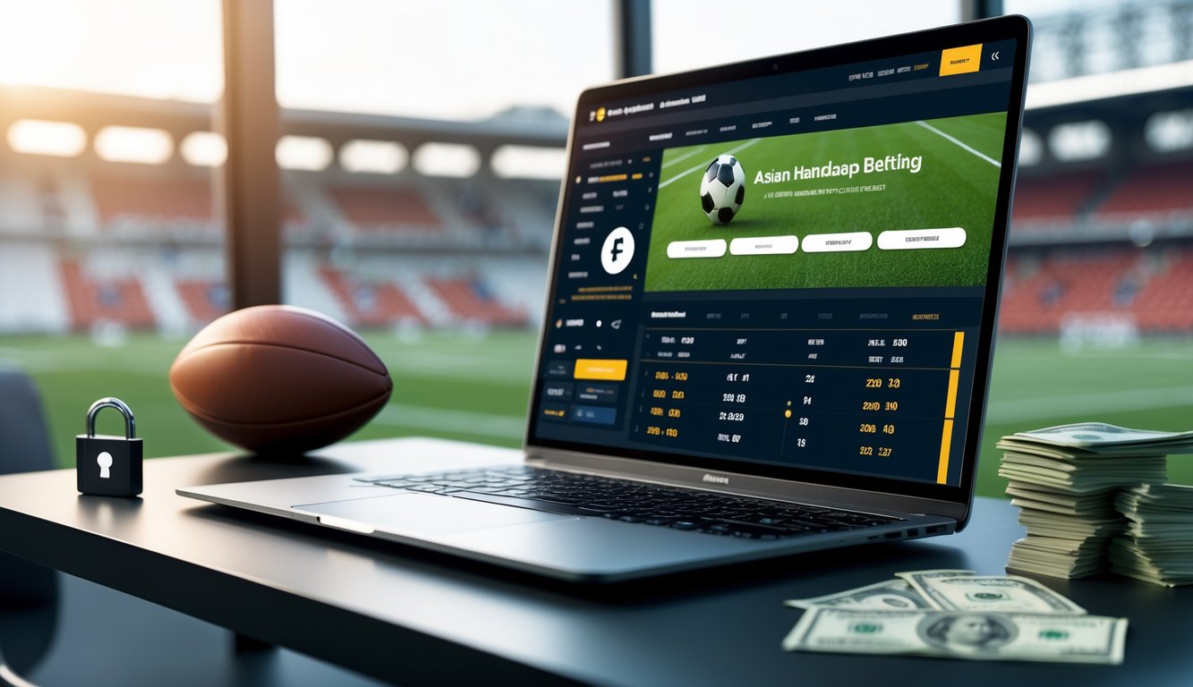 Seorang pria menggunakan laptop di meja kerja dengan tampilan situs taruhan olahraga sepak bola dan simbol keamanan serta pembayaran di sekitarnya.