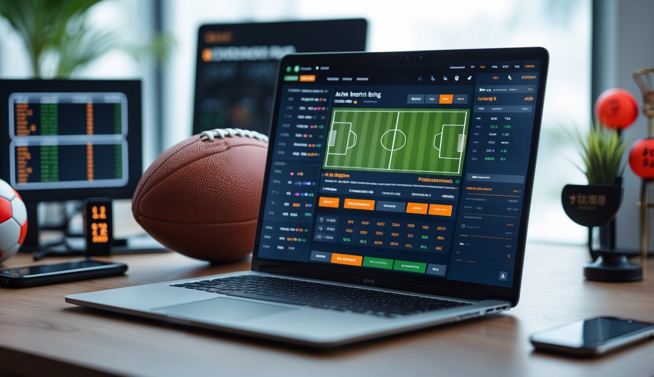 Seorang pria menggunakan laptop di meja kerja dengan tampilan taruhan sepak bola handicap Asia yang sedang aktif di layar.