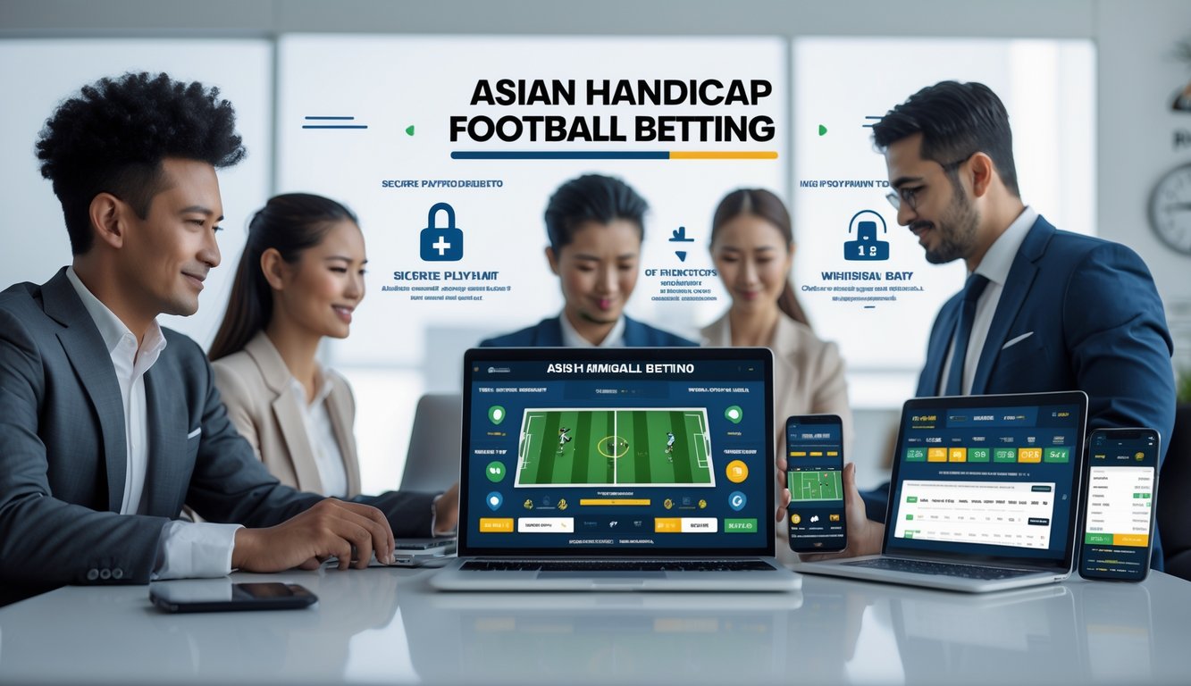 Orang-orang menggunakan perangkat digital untuk bertaruh pada pertandingan sepak bola dengan suasana kerja yang profesional dan aman.
