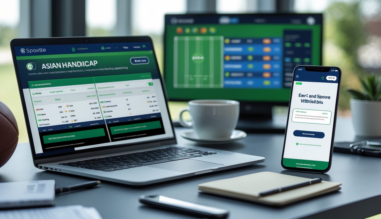 Seseorang sedang menggunakan laptop dan ponsel di meja kerja dengan latar belakang yang menunjukkan tema taruhan bola online.