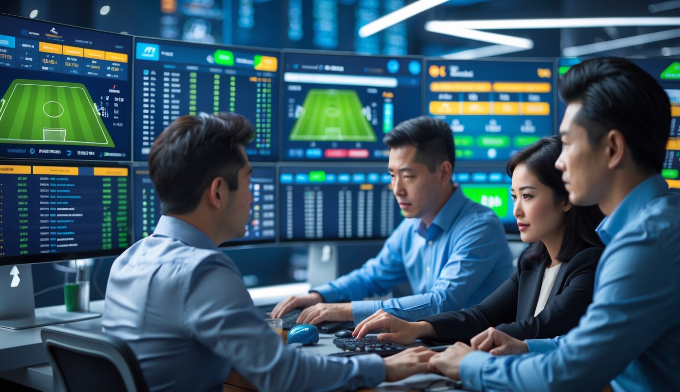 Orang-orang sedang menggunakan komputer dengan layar yang menampilkan statistik dan peluang taruhan sepak bola secara online.
