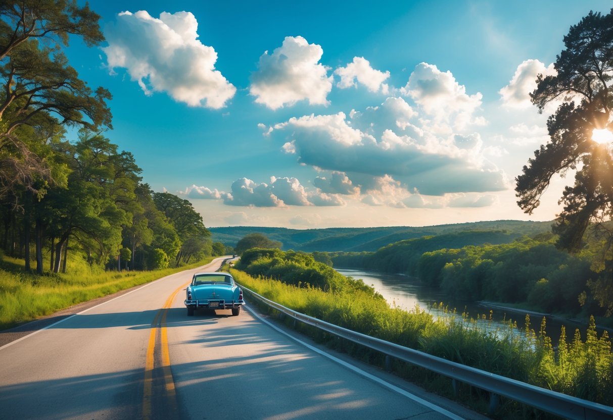 A winding road surrounded by green trees and wildflowers with rolling hills and a river in the background under a blue sky.
