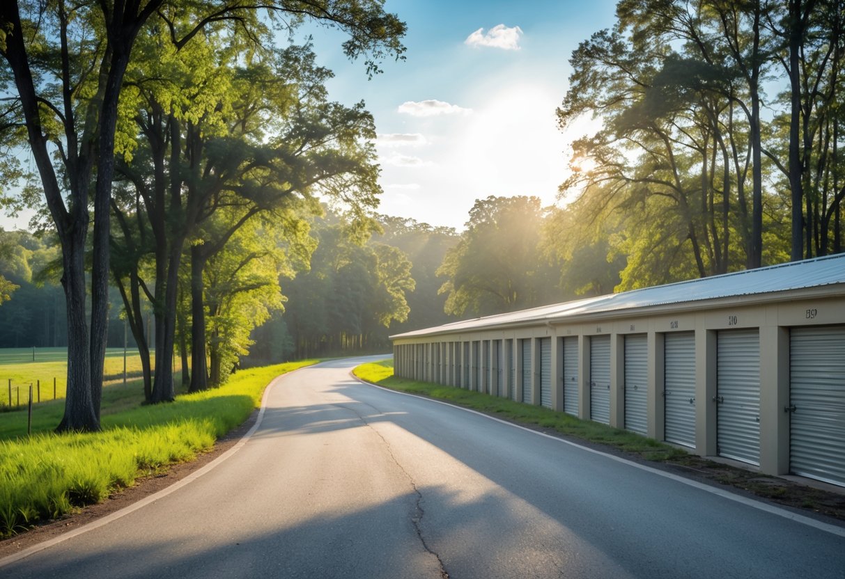 A rural road lined with trees near Monroe, Louisiana, next to a clean, modern storage unit facility under a clear blue sky.