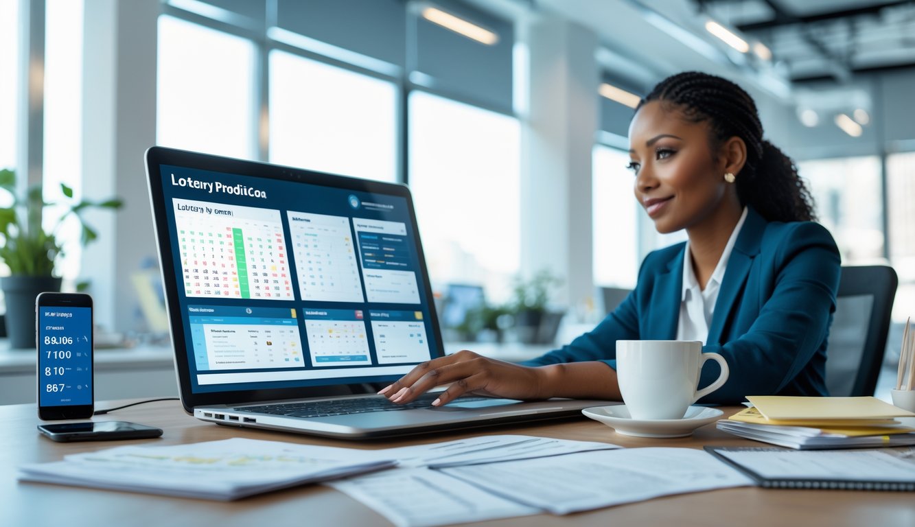 Seorang profesional menggunakan laptop dengan grafik dan angka prediksi togel di meja kerja yang rapi di kantor terang.