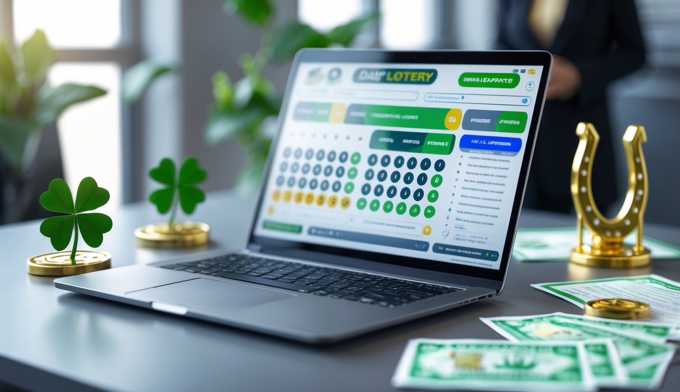 Seorang profesional duduk di depan laptop dengan tampilan antarmuka togel online dan simbol keberuntungan seperti daun semanggi dan tapal kuda di meja.