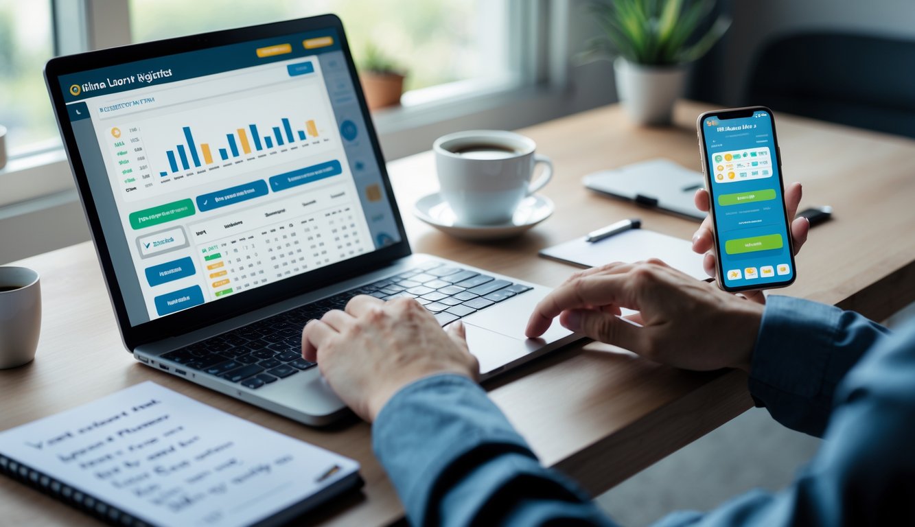 Seseorang sedang menggunakan laptop dan smartphone di meja kerja yang rapi dengan cahaya alami, fokus pada aktivitas pendaftaran togel online dan prediksi terpercaya.