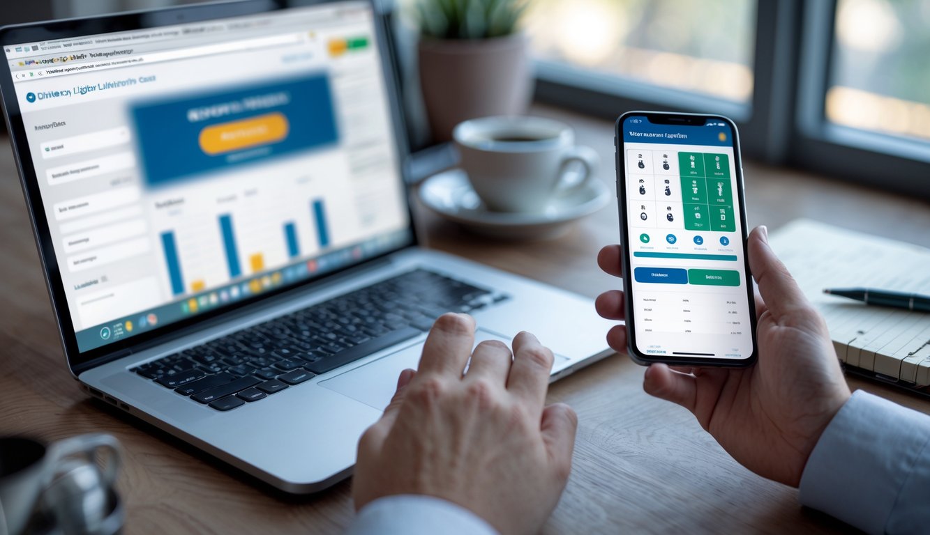 Meja kerja dengan laptop, ponsel menampilkan aplikasi togel, dan tangan seseorang sedang mengetik.