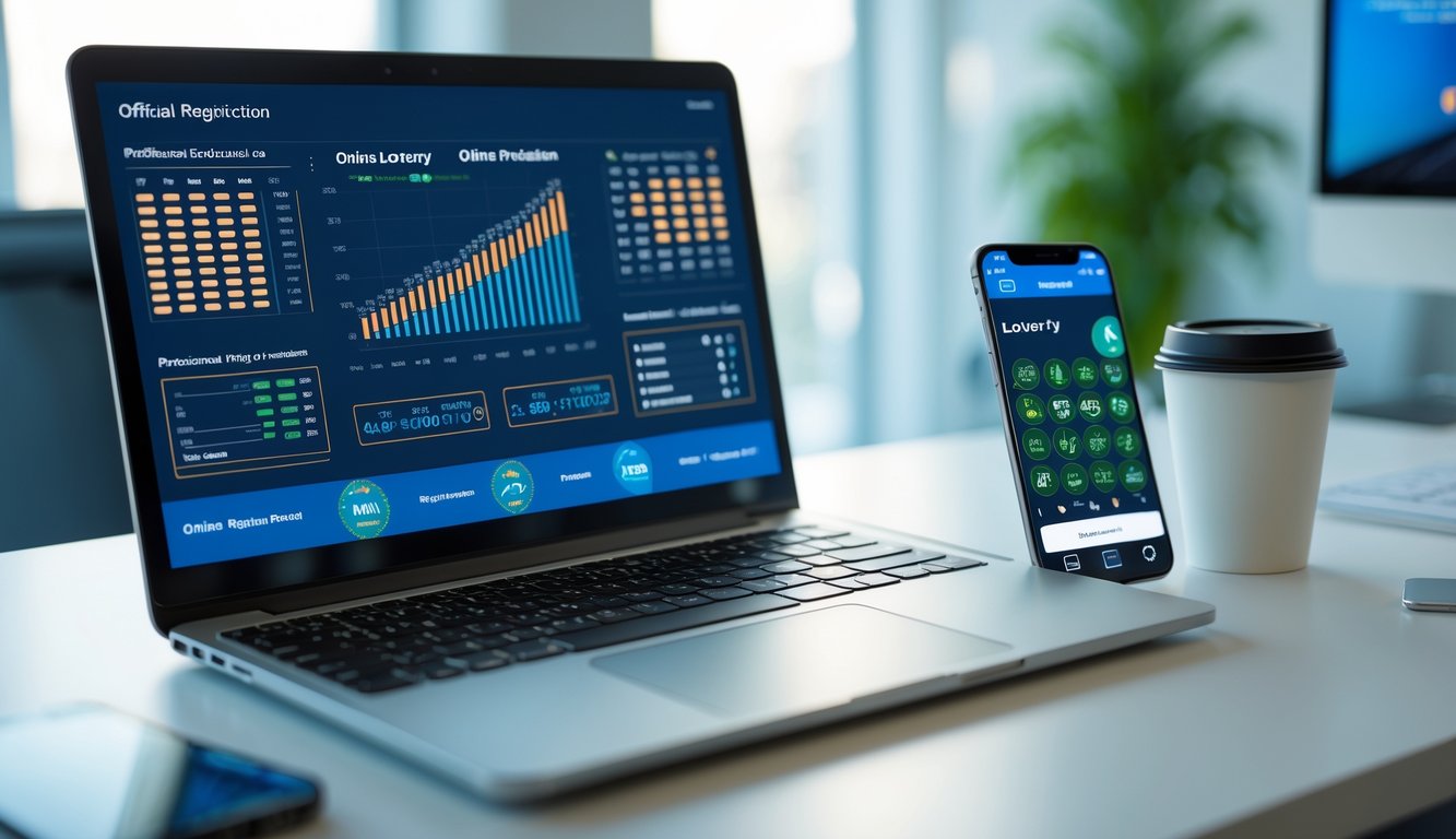 Meja kerja modern dengan laptop menampilkan grafik prediksi dan ponsel dengan antarmuka tiket togel, di samping cangkir kopi.