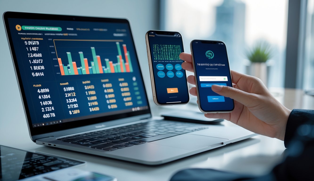 Seseorang menggunakan laptop dan ponsel di meja kerja modern dengan latar belakang pemandangan kota.