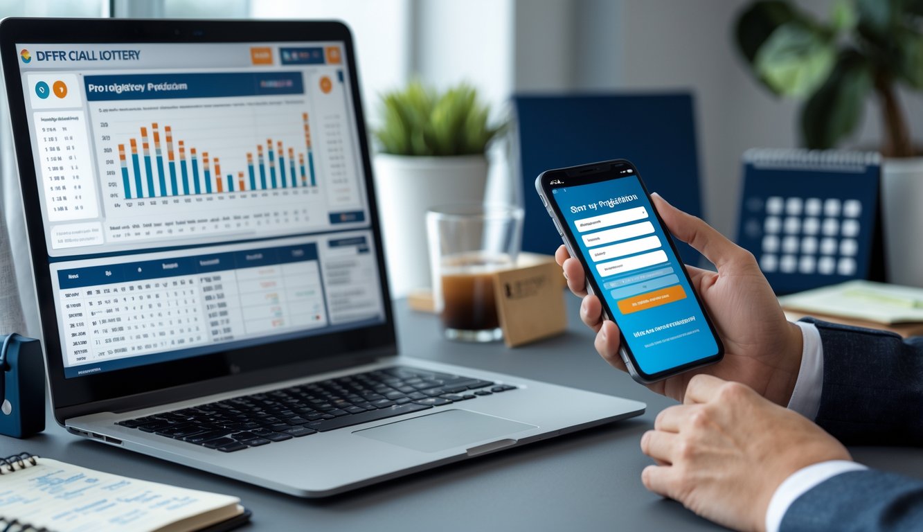 Meja kerja dengan laptop, smartphone, dan alat tulis yang menunjukkan aktivitas pendaftaran togel online dan analisis prediksi angka.