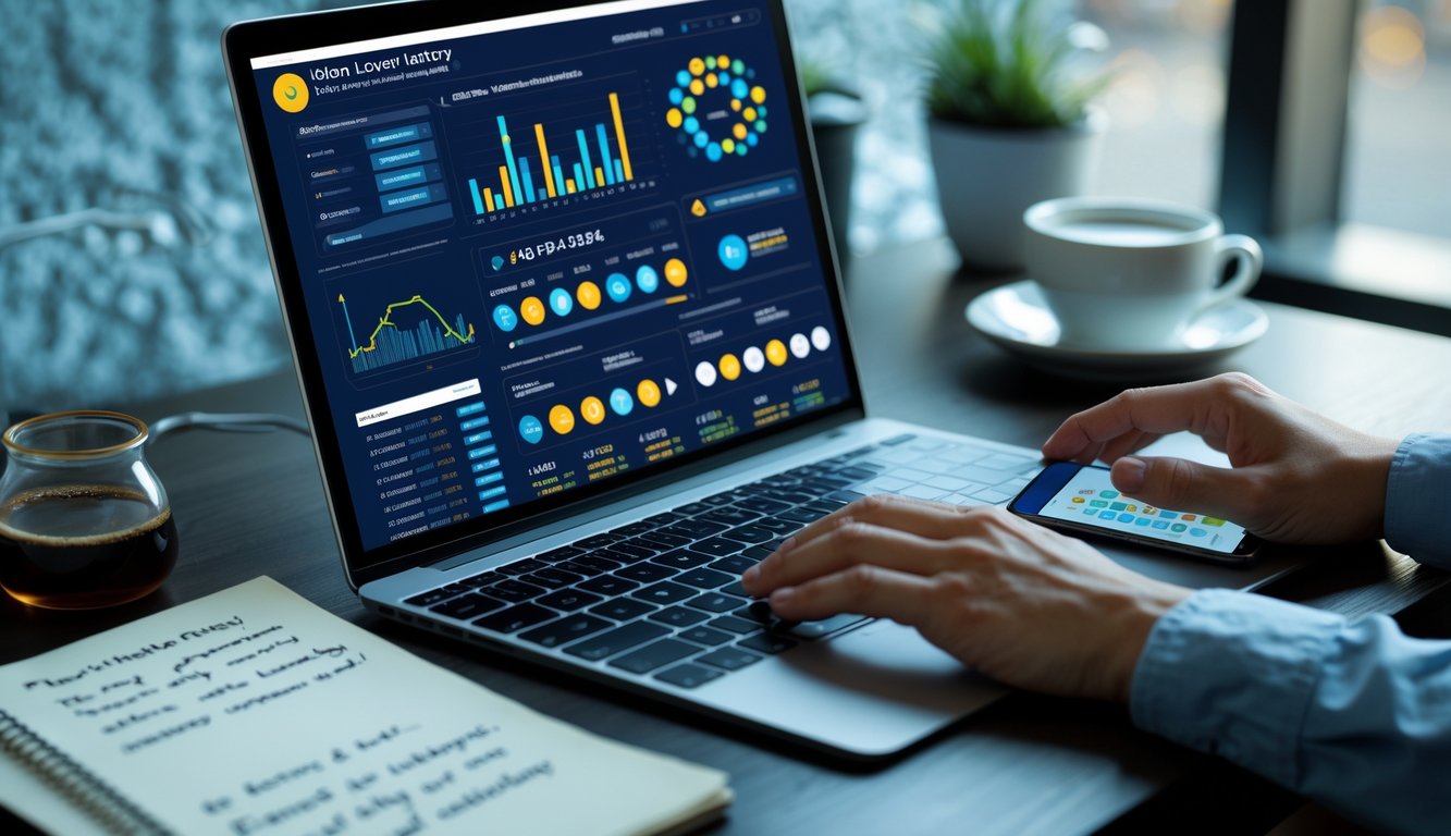 Seorang pria atau wanita sedang menggunakan laptop dan ponsel di meja kerja dengan data dan grafik di layar, suasana tenang dengan cahaya alami.