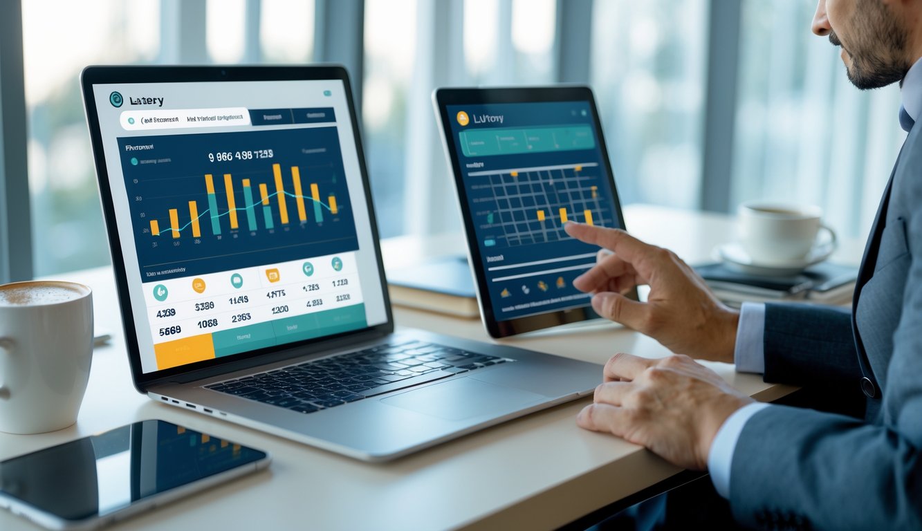 Seorang profesional sedang bekerja dengan laptop dan tablet di meja kantor modern dengan cahaya alami, menunjukkan suasana kerja yang fokus dan terpercaya.