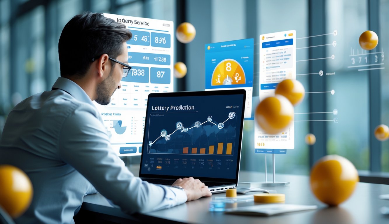 Seorang profesional sedang menganalisis data prediksi togel online di depan komputer di ruang kerja yang rapi dan terang.