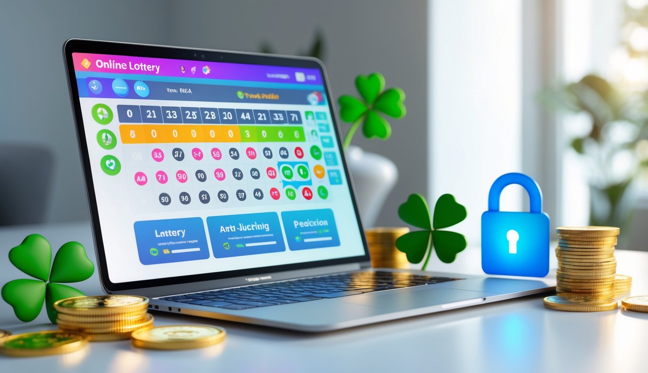 Meja kerja modern dengan laptop menampilkan antarmuka angka togel dan grafik prediksi, dikelilingi simbol keberuntungan dan keamanan.