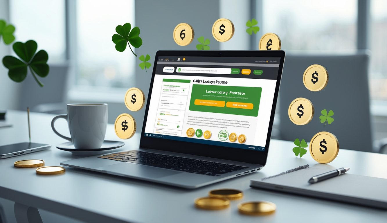 Meja kerja modern dengan laptop, bola lotere, dan benda-benda keberuntungan di sekitarnya.