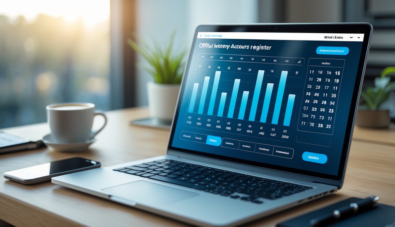 Meja kerja modern dengan laptop yang menampilkan antarmuka prediksi angka togel, dilengkapi dengan smartphone, cangkir kopi, dan buku catatan.